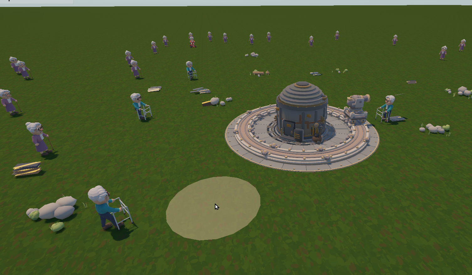 Grandmas with walking frames surround the central tower in When Grandmas Attack